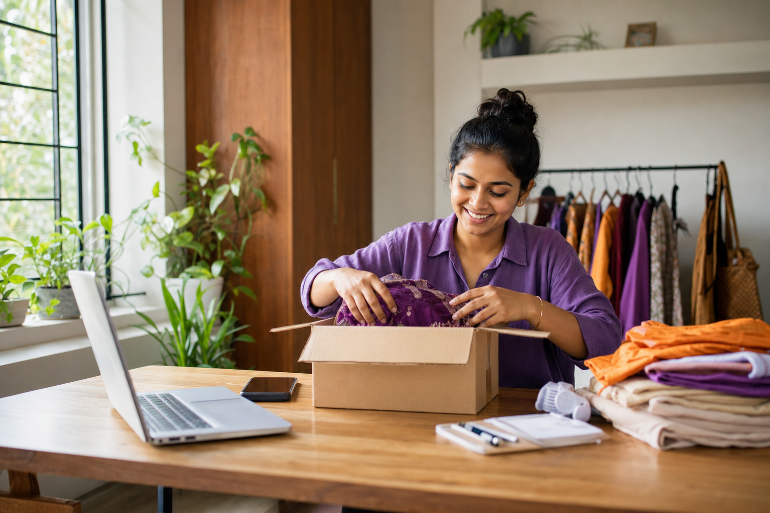 Indian online seller packing a customer order