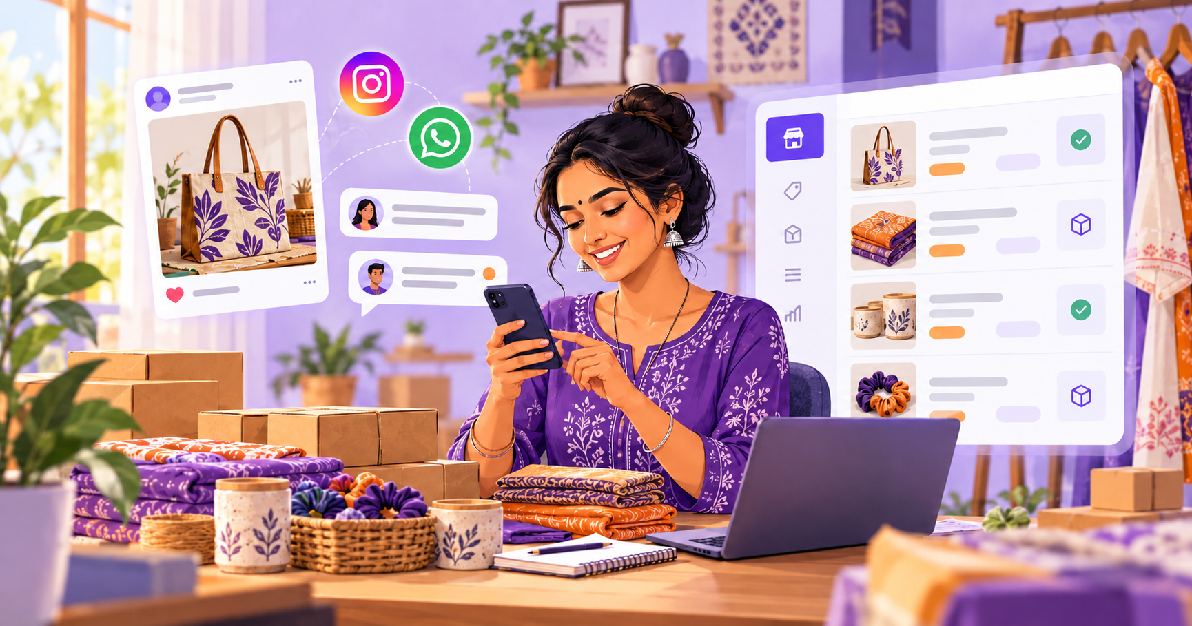 Indian small-business owner managing social selling and marketplace listings