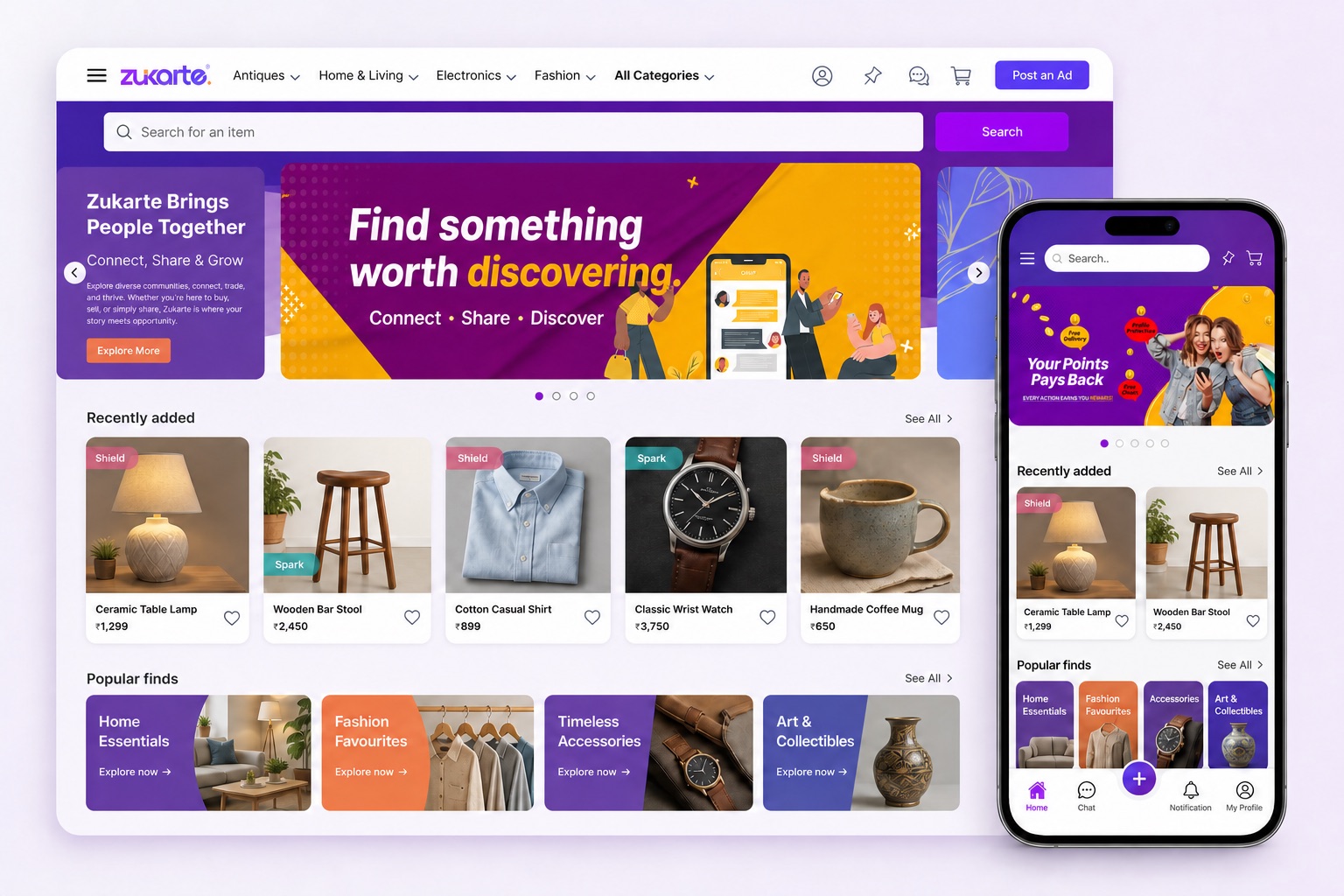 Zukarte Marketplace shown on the web and in the mobile app with demo product listings
