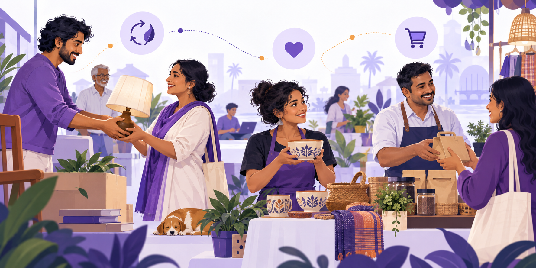People exchanging useful items, presenting handmade products and connecting through local commerce
